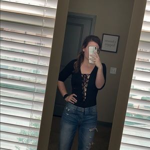 Black lace up bodysuit top